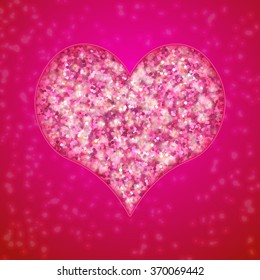 Vector romantic Valentine's day card design template with pink glitter heart and lights.