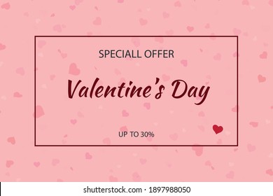 Vector romantic Valentine's Day horizontal sale banner template with pink realistic paper hearts and white frame. Festive blur background for discounts and special offers.