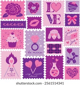 Vector Romantic Valentine's Day Postage Stamps Seamless Pattern