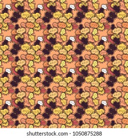 Vector. Romantic wallpaper for wrapping paper. Girlish repeated backdrop with hearts, drawing in sketch style on orange, black and yellow colors. Valentines day. Abstract seamless love pattern.