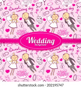 Vector romantic wedding illustration in cartoon style with cute characters and  beautiful ribbon and label