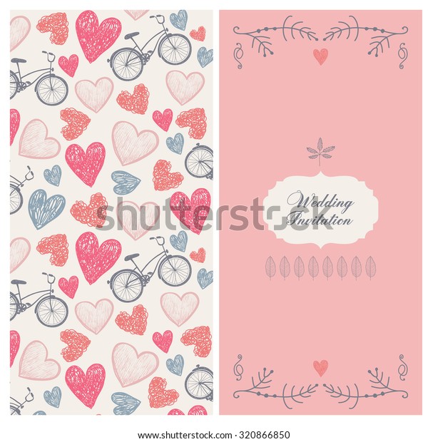 Vector romantic wedding invitation. 2 sides.\
Hearts pattern, pastel\
colors.