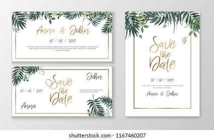 Vector romantic wedding invitation template with watercolor style plants and gold typography