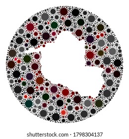 Collage del mapa del estado de Rondonia del vector del coronavirus. La infección ataca el territorio aislado desde el espacio. Collage de mapas del estado de Rondonia, círculo de hoyos, formado con iconos de infección.