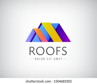 Vector roof logo, house building, real estate colorful icon. 3d origami style, ribbons modern logotype