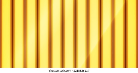 Vector roofing metal sheet texture. Golden grooved decking seamless pattern. Iron yellow shiny cladding background. Realistic 3D striped vertical lines siding. Plastic wall. Gold stainless material