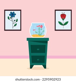 vector of a room with an aquarium on the table and a painting on the wall
