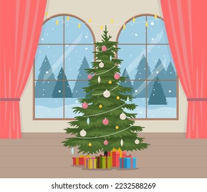 Vector con grandes ventanas y paisaje invernal, árbol de Navidad. Hermosos antecedentes navideños. Elemento de afiche de Año Nuevo, tarjeta, elemento decorativo.