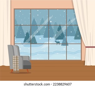 Vector  room with big windows and winter landscape and grey chair. Beautiful Christmas, winter background. Element of New Year poster, card, decorative element.