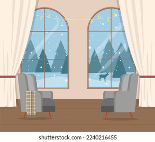 Vector  room with big windows and winter landscape and grey chairs. Beautiful Christmas, winter background. Element of New Year poster, card, decorative element.