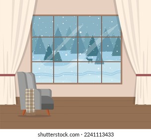 Vector  room with big windows and winter landscape and grey chair. Beautiful Christmas, winter background. Element of New Year poster, card, decorative element.