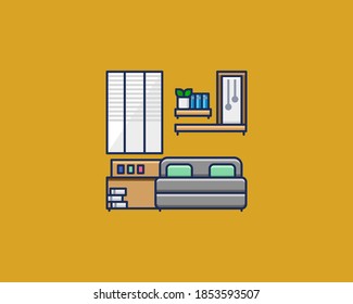 a vector of a room decorated with plants, books, decorative lights and furniture
