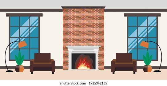 vector room with fireplace and two armchairs. flat image of a living room with two windows.