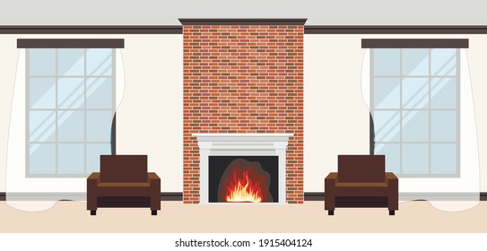 sala vectorial con chimenea y dos sillones. imagen plana de una sala de estar con dos ventanas.