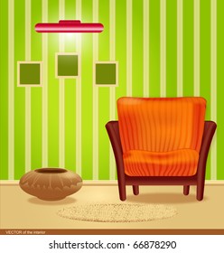 Vector room with green wallpaper and a striped armchair, with a framework for the wall and lamp