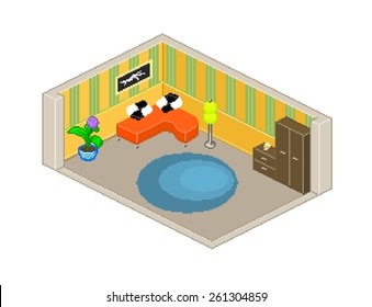 Vector room illustration in pixel art isometric style. Game room interior in 8 bit style