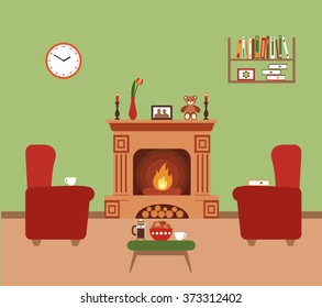 Vector room interior with armchairs and fireplace.Flat illustration of cozy home for your , banners, flayers and other types of business design.