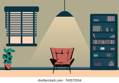 vector room interior illustration. Bookshelf, comfy modern armchair, houseplants and cozy lamp light