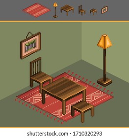 Vector room with isolated furniture and items in the old style. 8-bit pixel table, chair, stool, painting, lamp, carpet for clip art. Rustic home decor for video games or mobile apps.