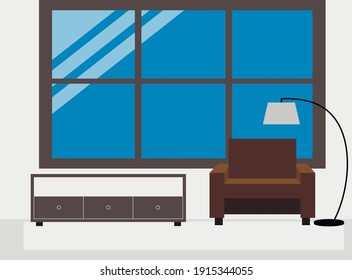 vector room with large window and armchair. floor lamp near a soft brown armchair.