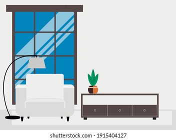 vector room with large window and armchair. floor lamp near a soft brown armchair.