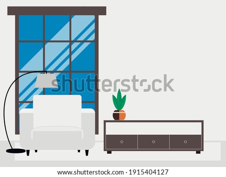 vector room with large window and armchair. floor lamp near a soft brown armchair.
