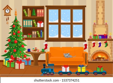 Vector room prepared for the celebration of new year and Christmas. Interior with Christmas tree, fireplace, furniture and treats for the holiday.
