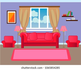 Vector room. A sofa, an armchair, a lamp, a carpet, a bookshelf, a window, a curtain, a picture on the 