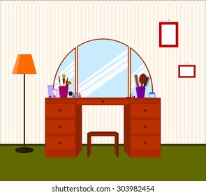 Vector room with a table for makeup and cosmetics