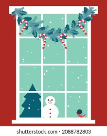 vector room with window overlooking the Christmas tree and snowman. flat image of new year interior with garland on the window
