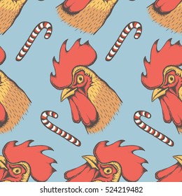 Vector Rooster bird illustration seamless pattern. Head of the rooster. 2017 new year of the rooster