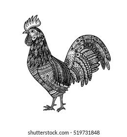 Vector Rooster with ethnic floral doodle pattern. Coloring book page - zendala, design for adults on white background. Zen doodles