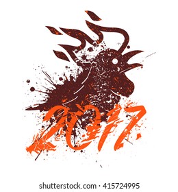 Vector Rooster with flame head in grunge graphic style. Chinese new year symbol, illustration for grilled chicken fast food and restaurant menu.