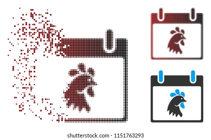 Vector rooster head calendar day icon in sparkle, pixelated halftone and undamaged solid variants. Disintegration effect uses rectangular sparks and horizontal gradient from red to black.