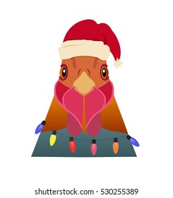 Vector Rooster Head in new year red hat and christmas lights .Chinese horoscope symbols.Illustration in cartoon flat style. Object for poster banner print design. Advertisement decoration element
