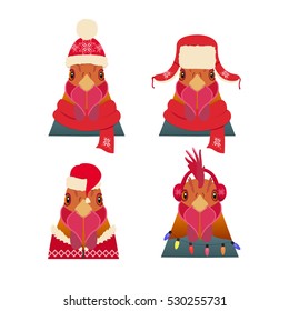Vector Rooster Head set in cartoon flat. Chinese new year symbols in winter red new year, christmas clothing: Red hat scarf hood headphones.Object for poster banner print design. Advertisement element