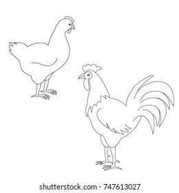 Vector Of Rooster And Hen Outline