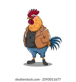 vector rooster mascot wearing clothes and posing, isolated on white background