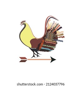 Vector Rooster on arrow in ancient style. Western graphic illustration. Colorful cock or chicken.