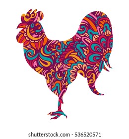 Vector rooster symbol Chinese calendar. Silhouette of colorful cock, decorated. lunar new year