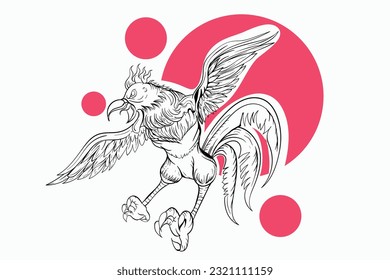 Vector Rooster tattoo art desgin ,Japan style rooster tattoo art design with red son japan