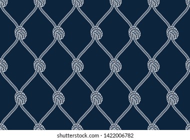 Vector rope, fishing net, seamless. Blue background.