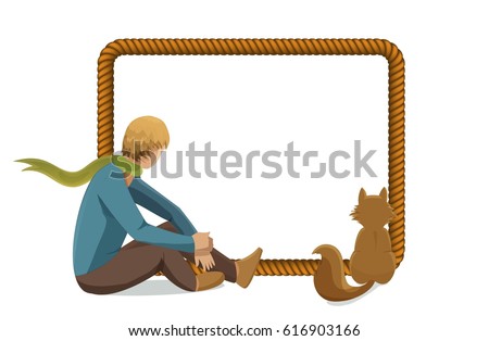 Vector rope frame with little prince and fox, isolated on white background