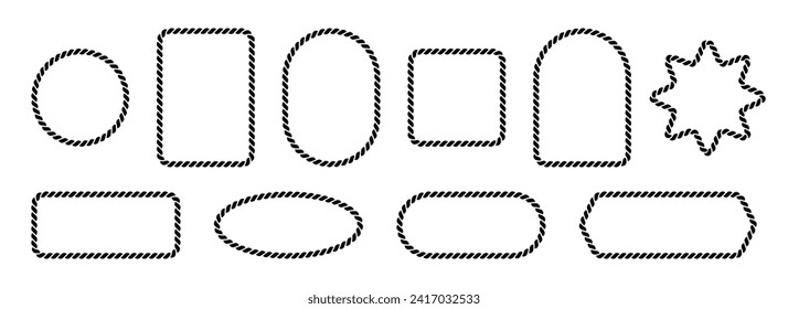 Vector rope frames. Borders of different geometric shapes are round, oval and square. Collection of isolated elements on a white background.