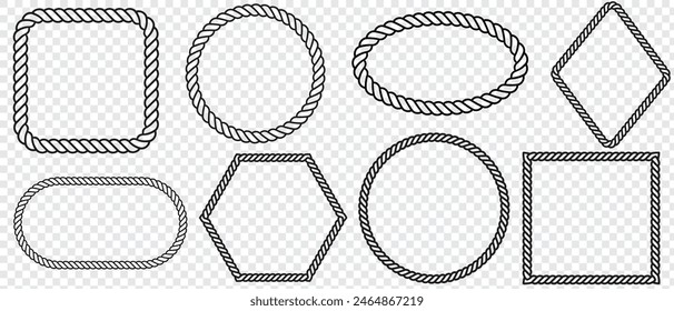 Vector rope frames. Borders of different geometric shapes are round, oval and square. Collection of isolated elements on a transparent background. eps 10.