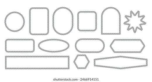 Vector rope frames set. Borders of different geometric shapes are oval, round, arch and square. Collection of isolated elements on transparent background. Editable stroke.a