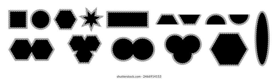 Vector rope frames set with editable stroke. Borders of different geometric shapes. Isolated on transparent background.