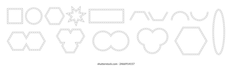 Vector rope frames set with editable stroke. Borders of different geometric shapes. Collection of isolated elements on transparent background.