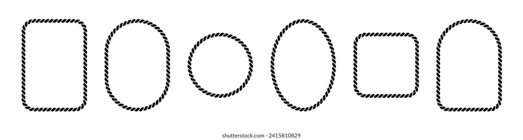 Vector rope frames. Silhouette borders are round, oval and square. Pack of isolated elements on a white background.