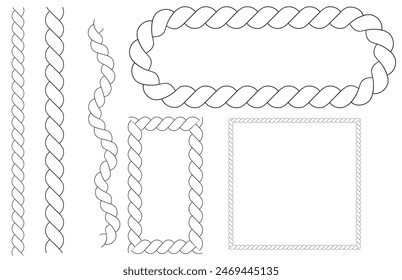 Vector rope frames. Silhouette borders are round, oval, and square. Pack of isolated elements on a white background.